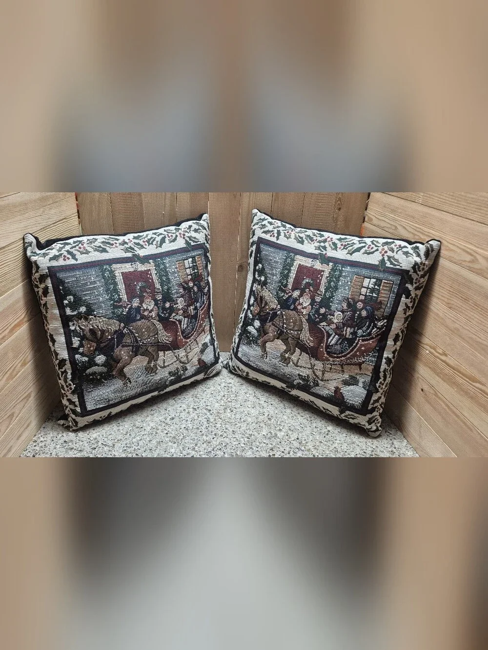 ​Vtg Christmas Tapestry Throw Pillows Sleigh Ride Winter Scene Set of 2 Holiday